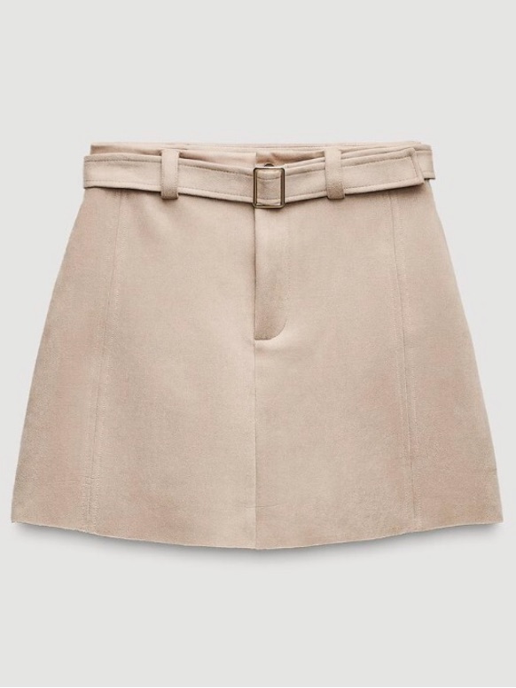 Zara Womens Mini Skirt Tan Short Belted Faux Suede